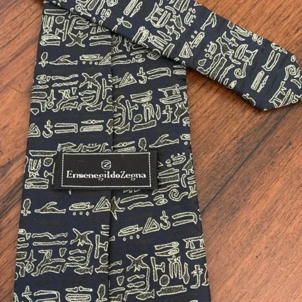 ERMENEGILDO ZEGMA Men Navy Black White Silk Hieroglyphics Necktie Made‎ in Italy